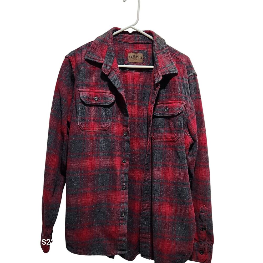 Orvis Plaid Flannel Shirt Jacket Mens Large Red Gray Button Front
